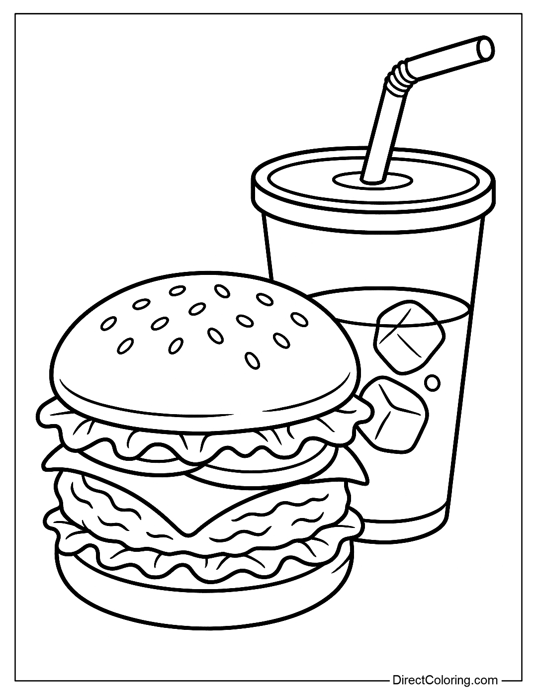 A coloring page of a large hamburger next to a glass of soda with a straw and some ice cubes